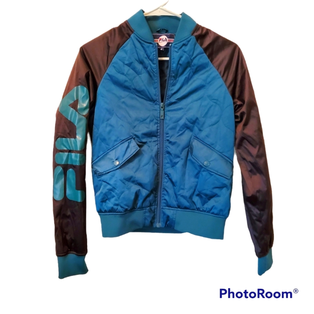 FILA Zip Up Bomber Jacket Style Blue/Green & Black (Small)